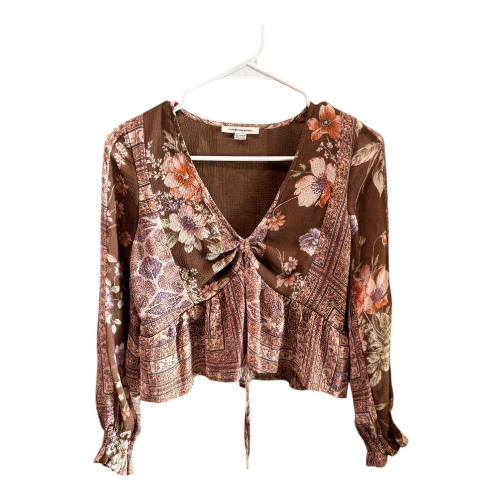 American Eagle Floral Print Brown Long Sleeve Peplum Blouse Womens XS